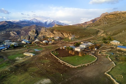 Azerbaijan, Quba (Guba) region, Greater Caucasus mountain range, village of Giriz at dawn (aerial view)