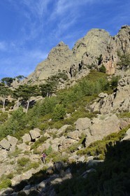 France, Corse du Sud, Alta Rocca, Aiguilles de Bavella (Bavella Needles), hikers on the alpine variante of the GR 20 (Grande Randonnée itinerary)