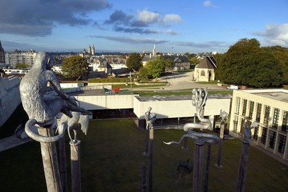 France, Calvados, Caen, the ducal castle of William the Conqueror, the Museum of Fine Arts, sculptures by Huang Yong Ping, One Man, Nine Animals (1999) monumental set of ten sculptures perched on masts 4 to 12 meters high each