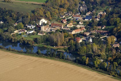 France, Eure, the Connelles village on the edge of an arm of the Seine river (aerial view)