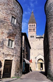 France, Saone et Loire, Tournus abbey, two remaining towers from the old Saint Philibert church enclosure