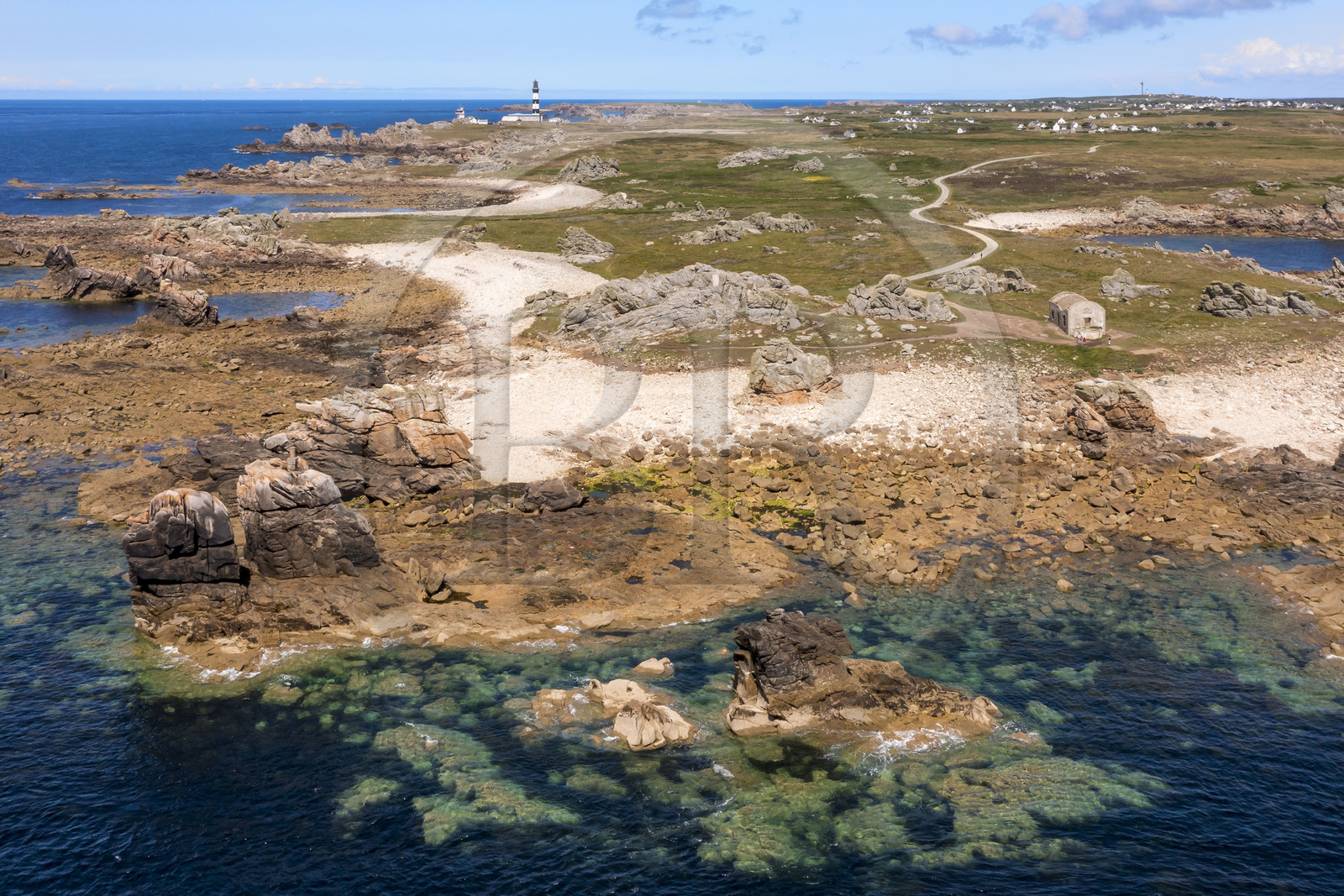 France, Finistère, Iroise Sea, Ouessant Island, the Pointe de Pern and the Créac’h lighthouse in the background (aerial view)