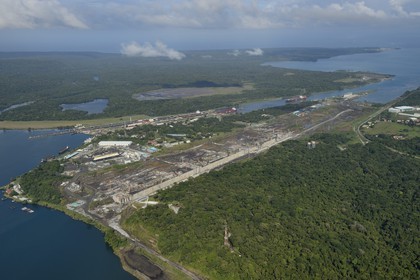 Panama, Colon province, Panama Canal, the Gatun locks, the construction of the new locks on the right (aerial view)