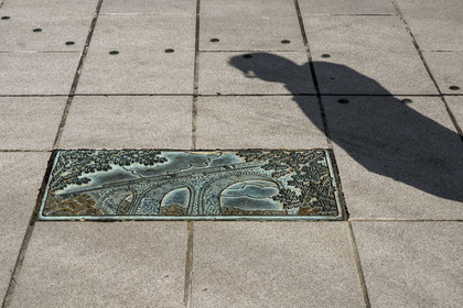 France, Vendee, La Roche-sur-Yon, place de la Vendée, one of the twenty bronze plaques designed by the Macheret art foundry and representing each of the twenty intercommunalities of the department, here the Barbin Viaduct for the Pays de Mortagne