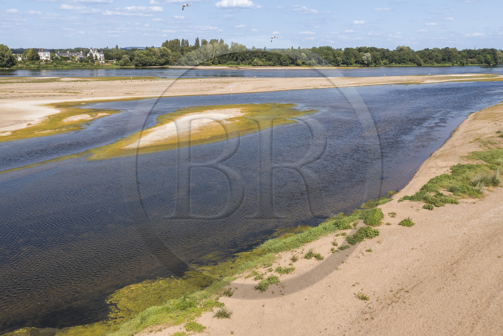 France, Maine-et-Loire (49), vallée de la Loire classée au Patrimoine Mondial par l'UNESCO, Gennes-Val-de-Loire, bancs de sable formant des îles sur la Loire (vue aérienne)