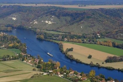 France, Eure, barge on the Seine upstream of Amfreville-sous-les-monts and the cote des Deux-Amants (aerial view)