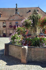 France, Haut-Rhin (68), Route des vins d'Alsace, Bergheim, fontaine de la place du Docteur-Pierre-Walter devant la mairie