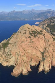 France, Corse-du-Sud (2A), Golfe de Porto, classé Patrimoine Mondial de l'UNESCO, le Capo Rosso et la Tour Génoise de Turghiu (Turghio) en arrière plan (vue aérienne)