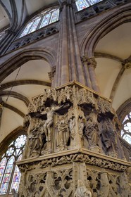 France, Bas-Rhin (67), Strasbourg, vieille ville classée au Patrimoine Mondial de l'UNESCO, la cathédrale Notre-Dame, la chaire du grand prédicateur Geiler de Kaysersberg réalisée par le sculpteur Hans Hammer en 1485