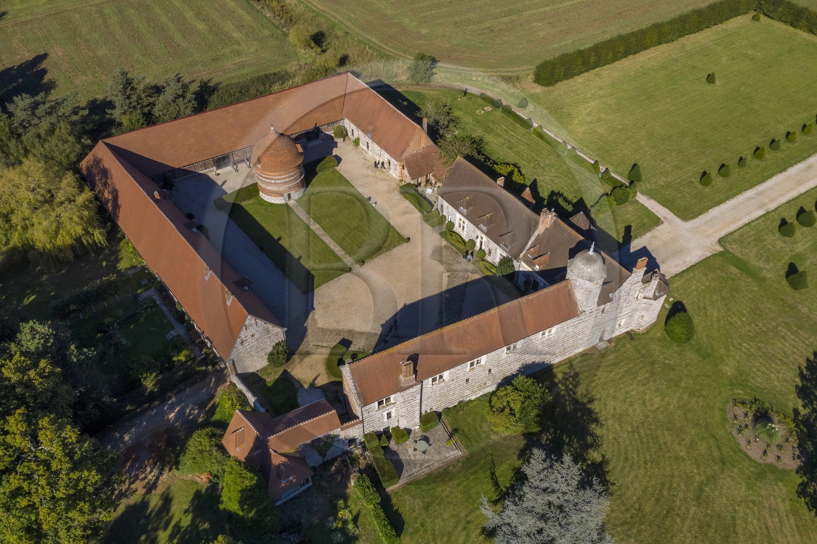 France, Seine Maritime, Cote d'Albatre (Alabaster Coast), Pays de Caux, Varengeville sur Mer, the Manoir d'Ango (Ango Manor) and its dovecote (aerial view)