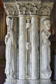 France, Seine-Maritime, Saint Martin de Boscherville, Saint-Georges de Boscherville Abbey of the 12th century, statue column of the chapter room representing a man cutting his throat to respect the rule of Saint Benoit