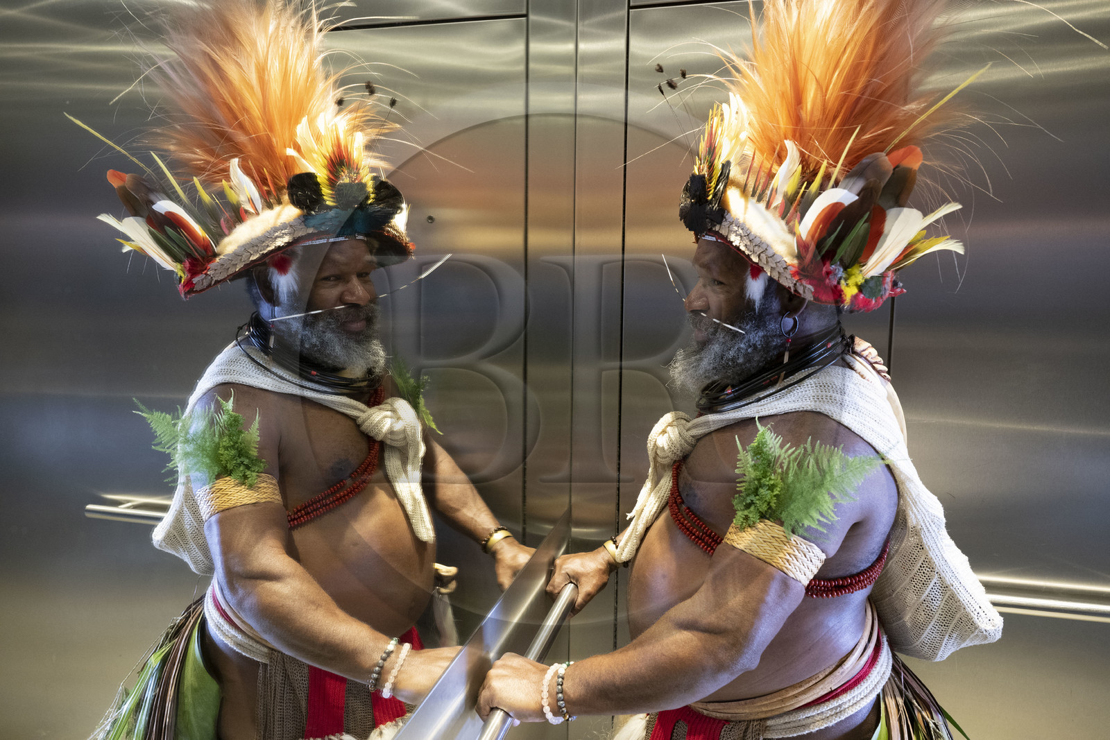 France, Paris, UNESCO Headquarters, Papuan Chief Mundiya Kepanga In the elevator