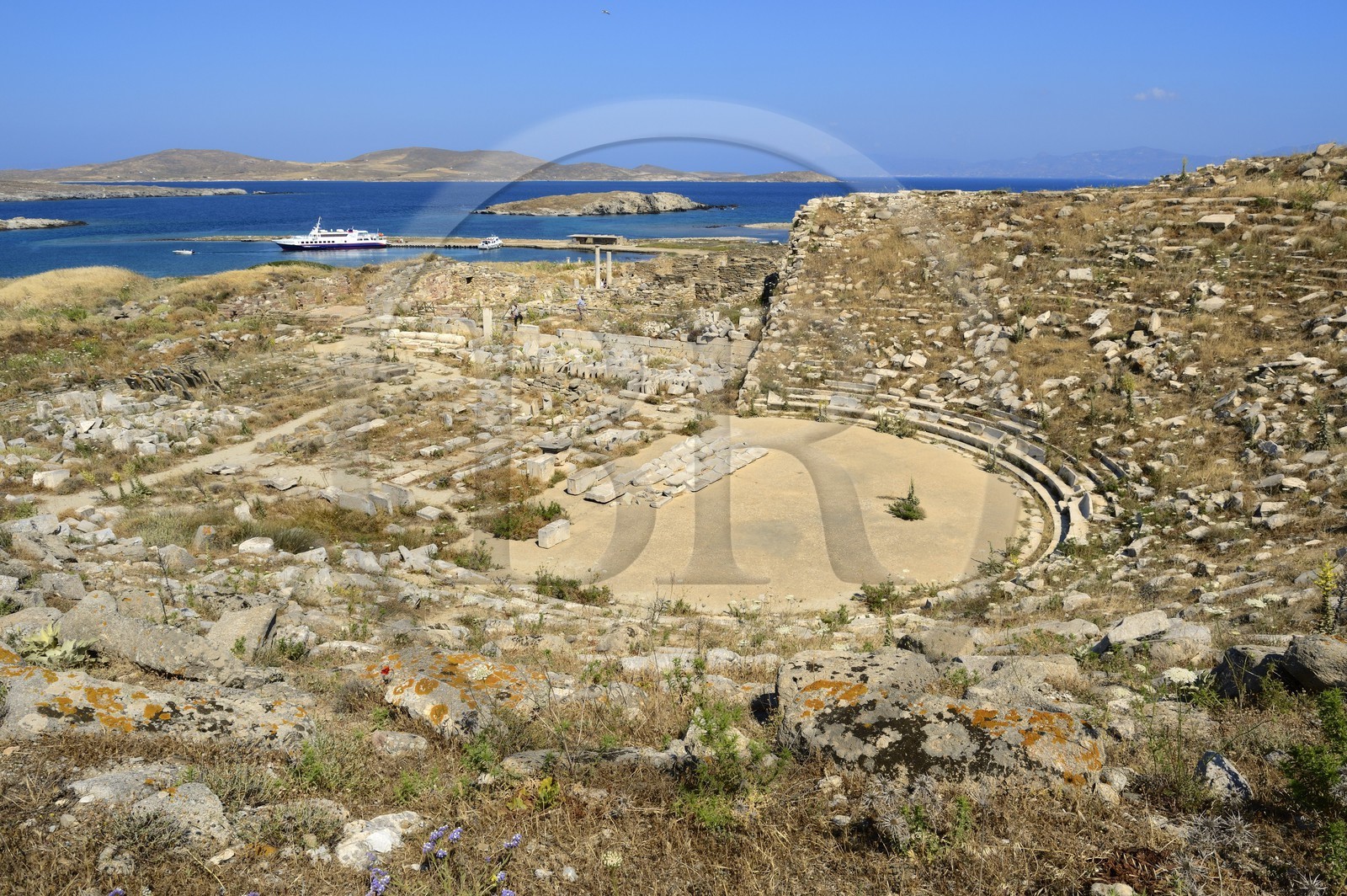 Greece, Cyclades islands, Delos, listed as World Heritage by UNESCO, the archaeological site of Delos, Apollo's Sanctuary, the most ancient city of the Aegean Sea, the Theatre and the quarter of the Theatre
