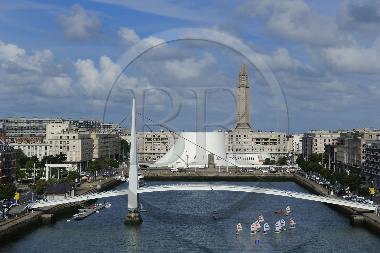 France, Seine Maritime, Le Havre, Downtown rebuilt by Auguste Perret listed as World Heritage by UNESCO, Perret buildings around the Bassin du Commerce, the Volcan created by Oscar Niemeyer and the Lantern tower of Saint Joseph church