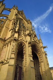 France, Moselle, Metz, Saint Etienne cathedral in pierre de Jaumont (stone of Jaumont), western facade above the main portal (Virgin portal)