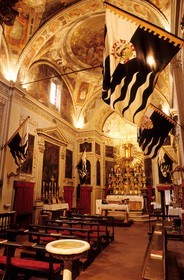 Italy, Tuscany, Siena, flags with the district's emblem for the Palio Contrade of the she-wolf