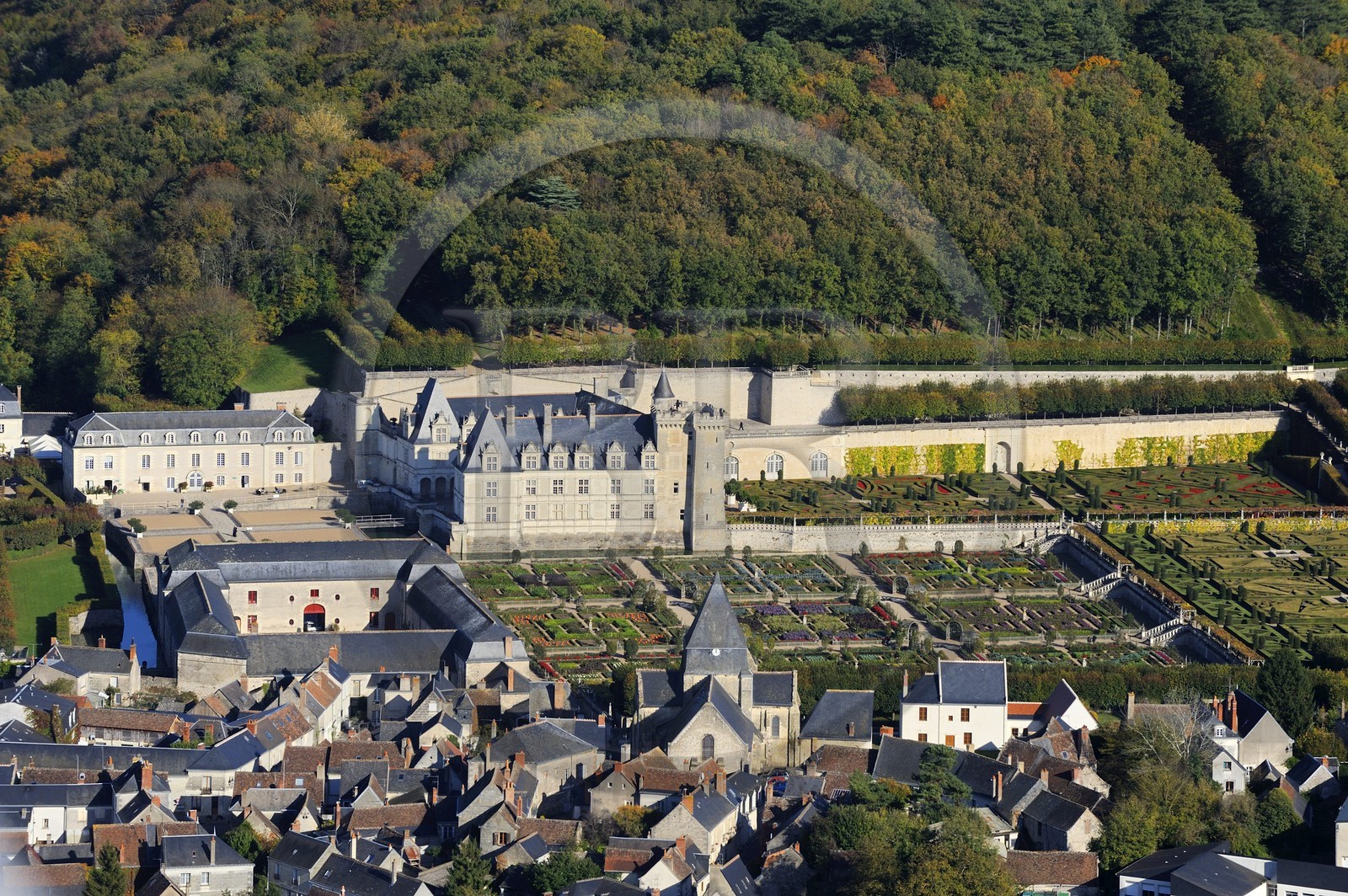France, Indre et Loire, Loire Valley listed as World Heritage by UNESCO, the castle and gardens of Villandry (owners Henri and Angelique Carvallo) (aerial view)
