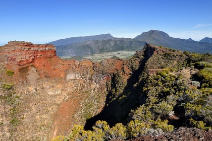 France, Reunion island (French overseas department), Reunion National Park listed as World heritage by UNESCO, Commerson Crater on the slopes of Piton de la Fournaise volcano and the old Piton des Neiges volcano in the background