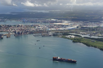Panama, Colon province, the city of Colon in the Limon Bay (Bahia Limon) at the output of the Panama Canal on the Atlantic side, the vast warehouses locate the Colon Free Trade Zone (aerial view)