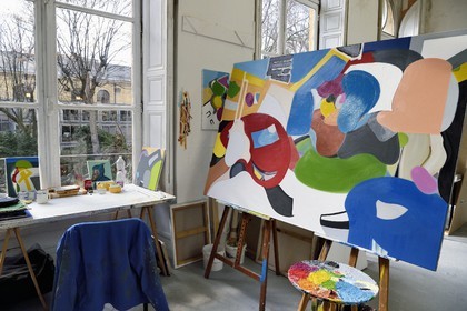 France, Paris (75), quartier de Saint-Germain-des-Prés, Ecole nationale supérieure des Beaux-Arts, batiment Chimay dans l'ancien Hotel de Chimay, espace d'étudiant dans l'atelier Jean-Michel Alberola