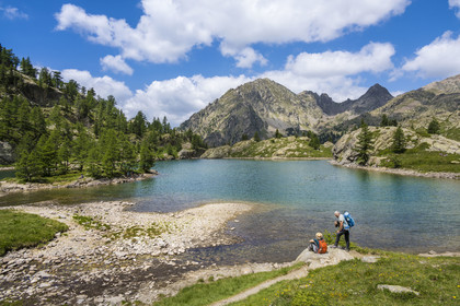 France, Alpes-Maritimes (06), parc national du Mercantour, Haute-Vésubie, Saint-Martin-Vésubie, Val du Haut Boréon, randonneurs au lac de Trécolpas (2150m) et la Cime Guilié (2999m) en arrière-plan
