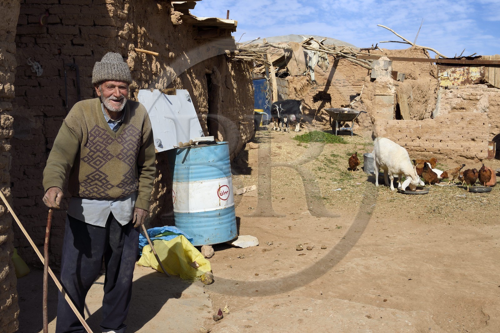 Iran, Isfahan province, Dasht-e Kavir desert, the oasis of Arousan in Khur and Biabanak County, Mohamed Vahab 85 years in his small chickens and goats farm