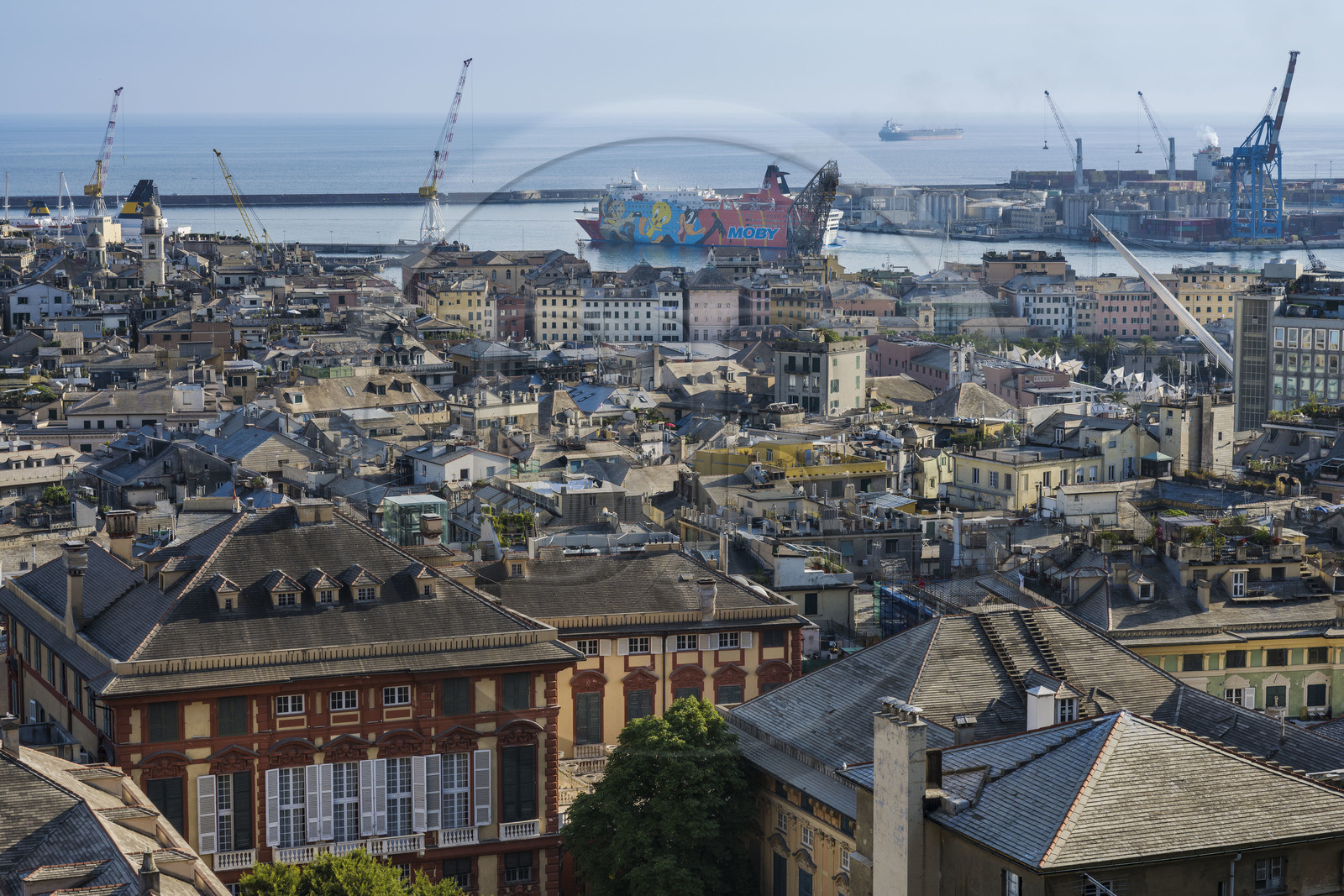 Italie, Ligurie, Gênes, palais des Rolli classés Patrimoine Mondial de l'UNESCO dans la Strada Nuova aujourd’hui via Garibaldi, le Palazzo Rosso ou palais musée Brignole, départ d'un ferry dans le port en arrière plan