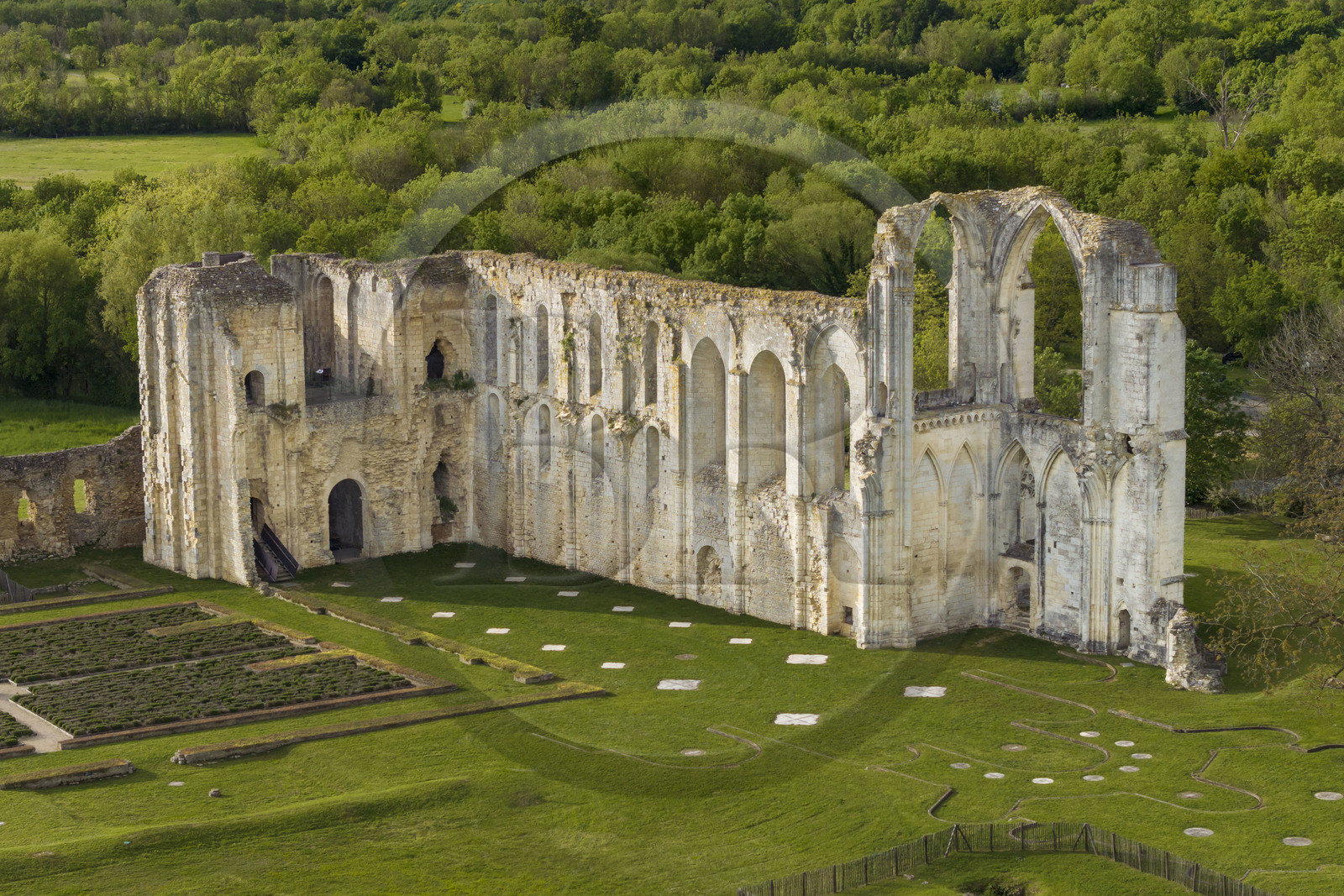 France, Vendee, Parc Interregional du Marais Poitevin labellised Grand Site de France (Interregional Park of the Marais Poitevin labelled Great Site of France), Maillezais, vestiges of the Saint Pierre de Maillezais abbey (aerial view)