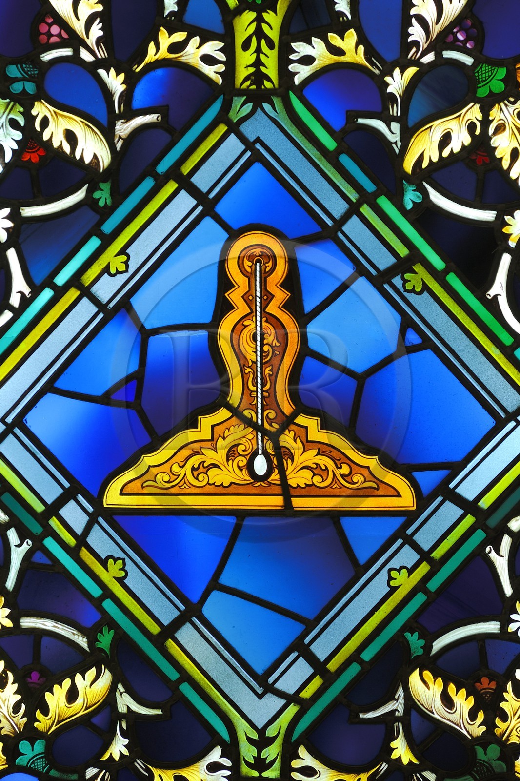 United Kingdom, London, United Grand Lodge of England, detail of a stained glass of symbols, the level