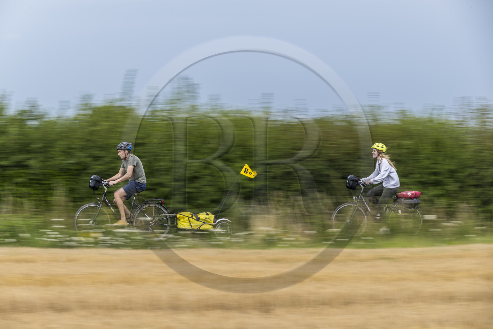 France, Maine-et-Loire (49), vallée de la Loire classée au Patrimoine Mondial par l'UNESCO, Saumur vers Saint-Hilaire, randonnée à bicyclette avec une remorque transportant le matériel de camping