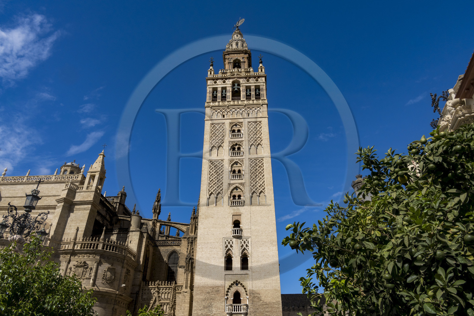 Espagne, Andalousie, Séville, quartier de Santa Cruz, la Giralda, ancien minaret almohade de la Grande Mosquée reconverti en clocher de la cathédrale, classé Patrimoine Mondial de l'UNESCO