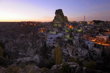 Turkey, Central Anatolia, Nevsehir Province, Cappadocia listed as World Heritage by UNESCO, Ortahisar at dusk