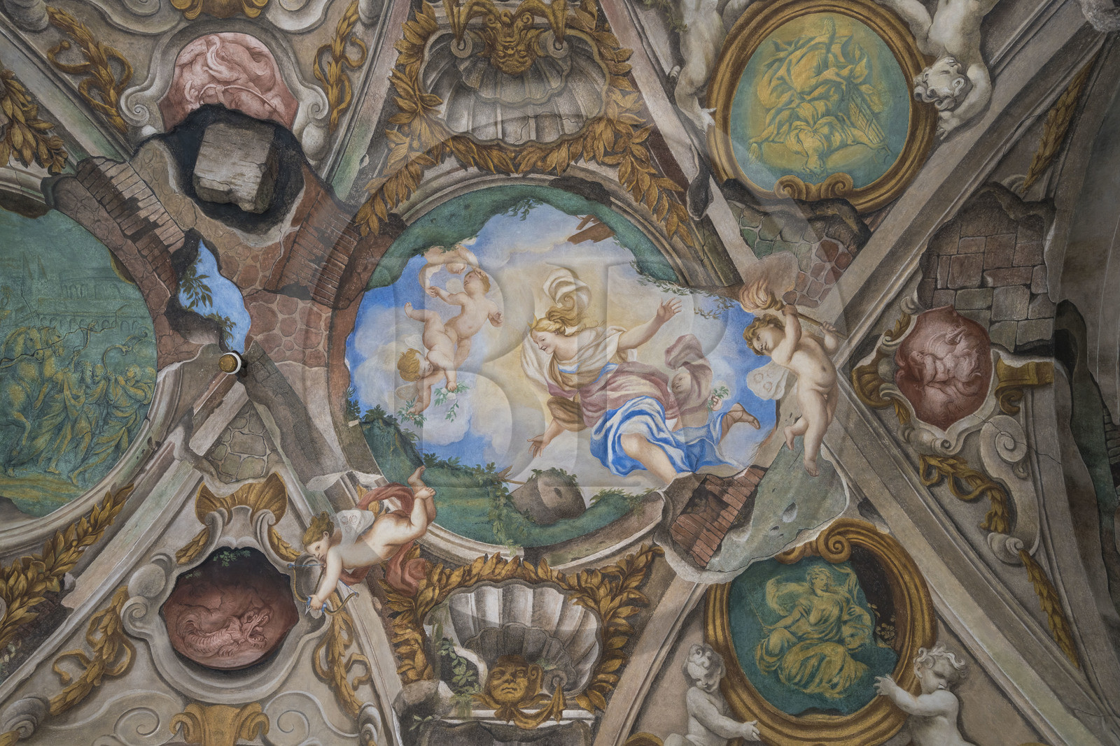 Italy, Liguria, Genoa, Rolli Palace listed as World Heritage by UNESCO in the Strada Nuova today via Garibaldi, the Palazzo Rosso or Brignole museum palace, trompe l'oeil baroque painting that imitates a ruined ceiling