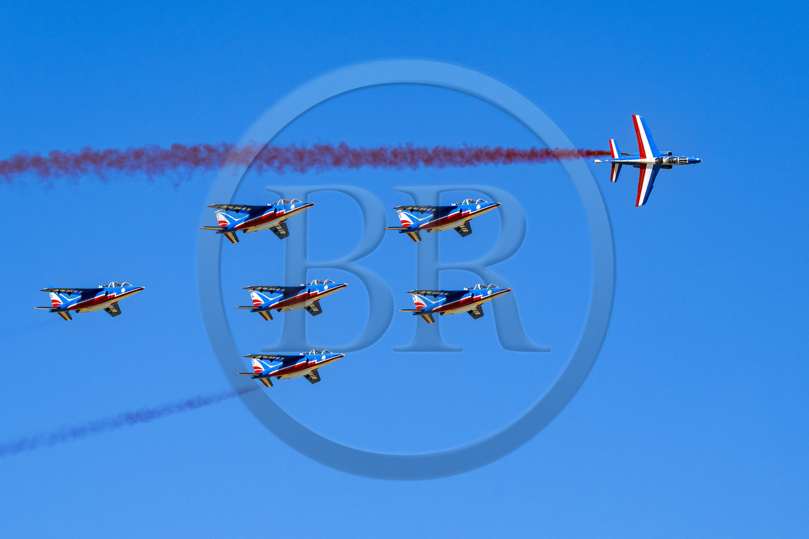 France, Bouches du Rhone, Salon de Provence, air base 701, base of the Patrouille de France (PAF for Patrouille acrobatique de France) of the French Air and Space Force, Alphajet aircraft during a training flight