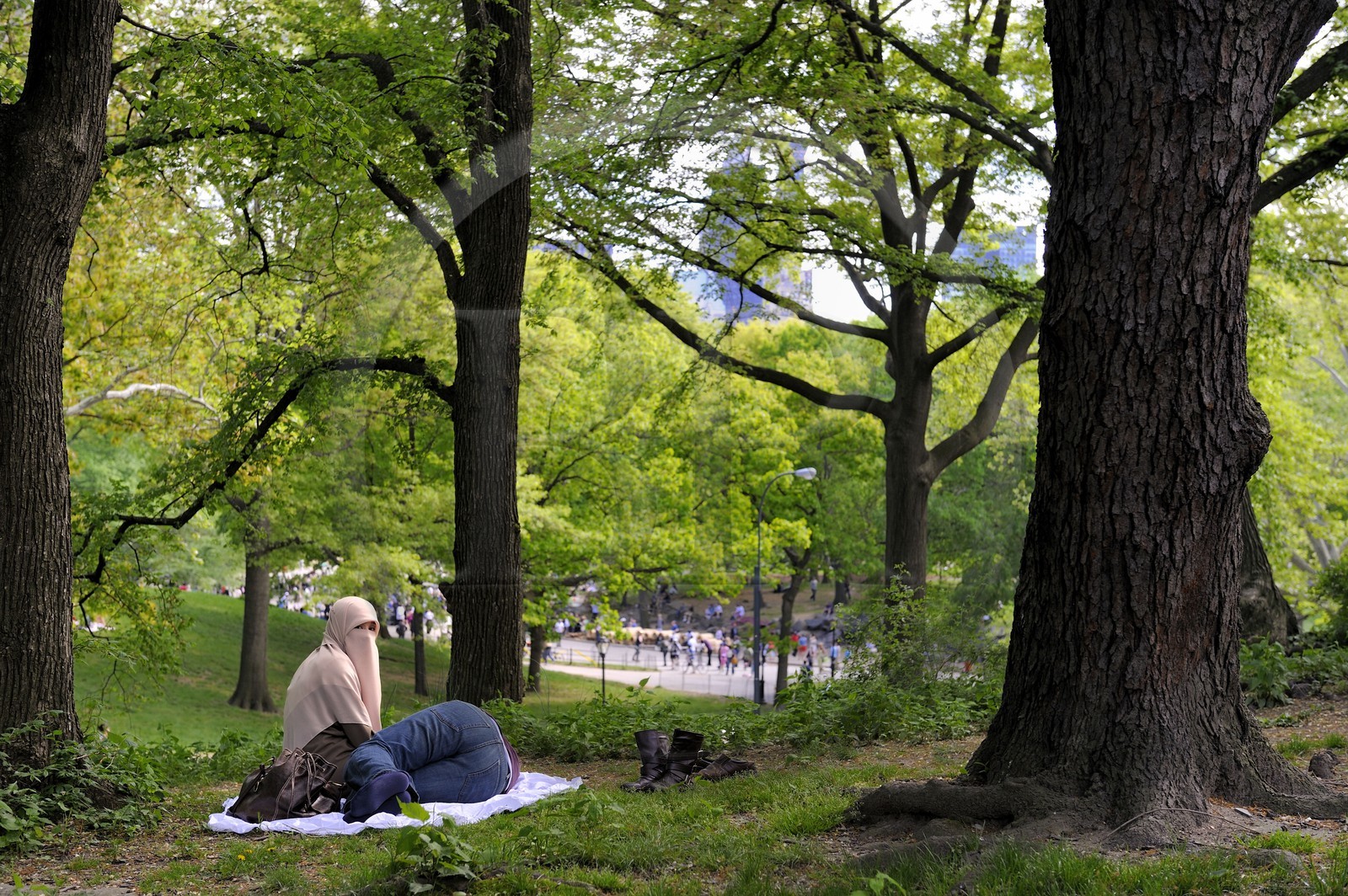 United States, New York City, Manhattan, Central Park, veiled women, Muslim couple sitting in the park