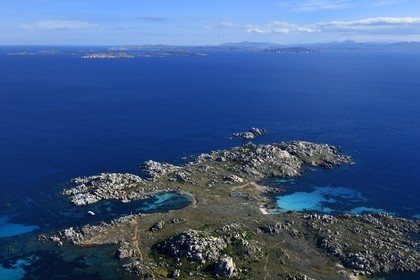 France, Corse du Sud, Bonifacio, Lavezzi Islands Nature Reserve and the Furcone cemetery hosting the graves of the Semillante shipwrecked men, Sardinia in the background (aerial view)