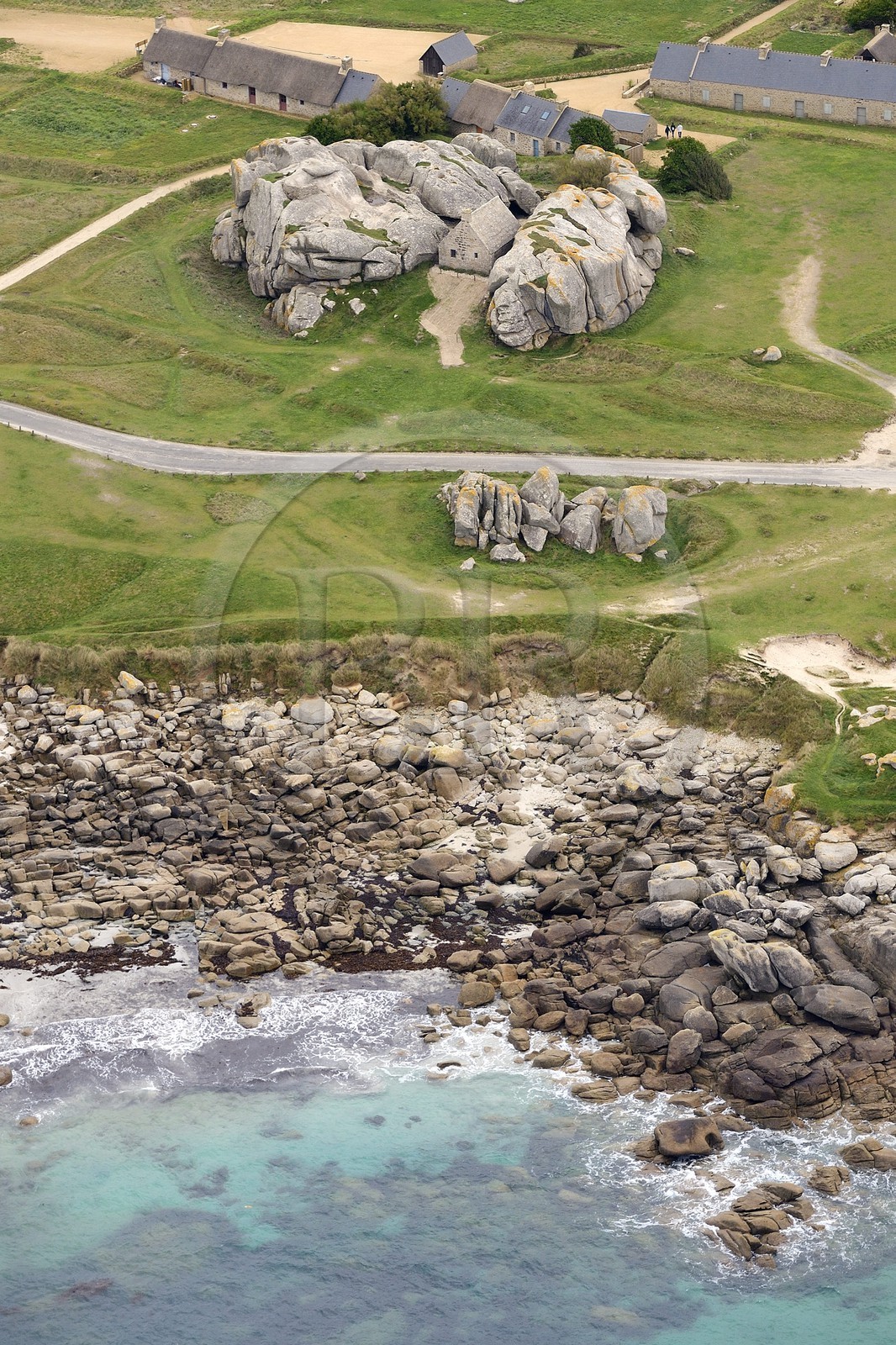 France, Finistere, the Coast of Legends in the heart of the Pays Pagan, Kerlouan, Meneham range, the guard, a former customs post seventeenth century (aerial view)