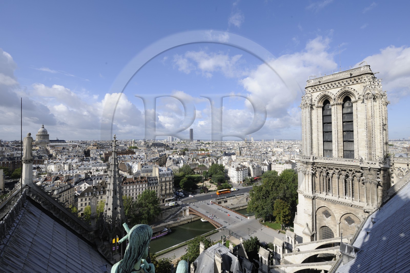 France, Paris (75), les rives de la Seine classées Patrimoine Mondial de l'UNESCO, île de la Cité, la cathédrale Notre-Dame depuis la flèche qui domine les statues de cuivre vert-de-grisé des douze apôtres
