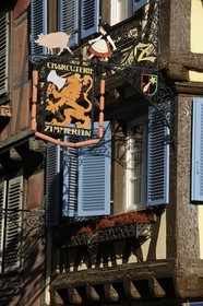 France, Haut Rhin, Colmar, sign of a former charcuterie or butcher shop called Maison Zimmerlin at number 7 rue des Serruriers drawn by Hansi