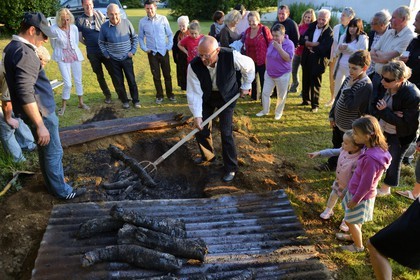 France, Finistere, Locronan, party in the family Louboutin that closes the procession of the small Tromenie, ham baked in the ashes
