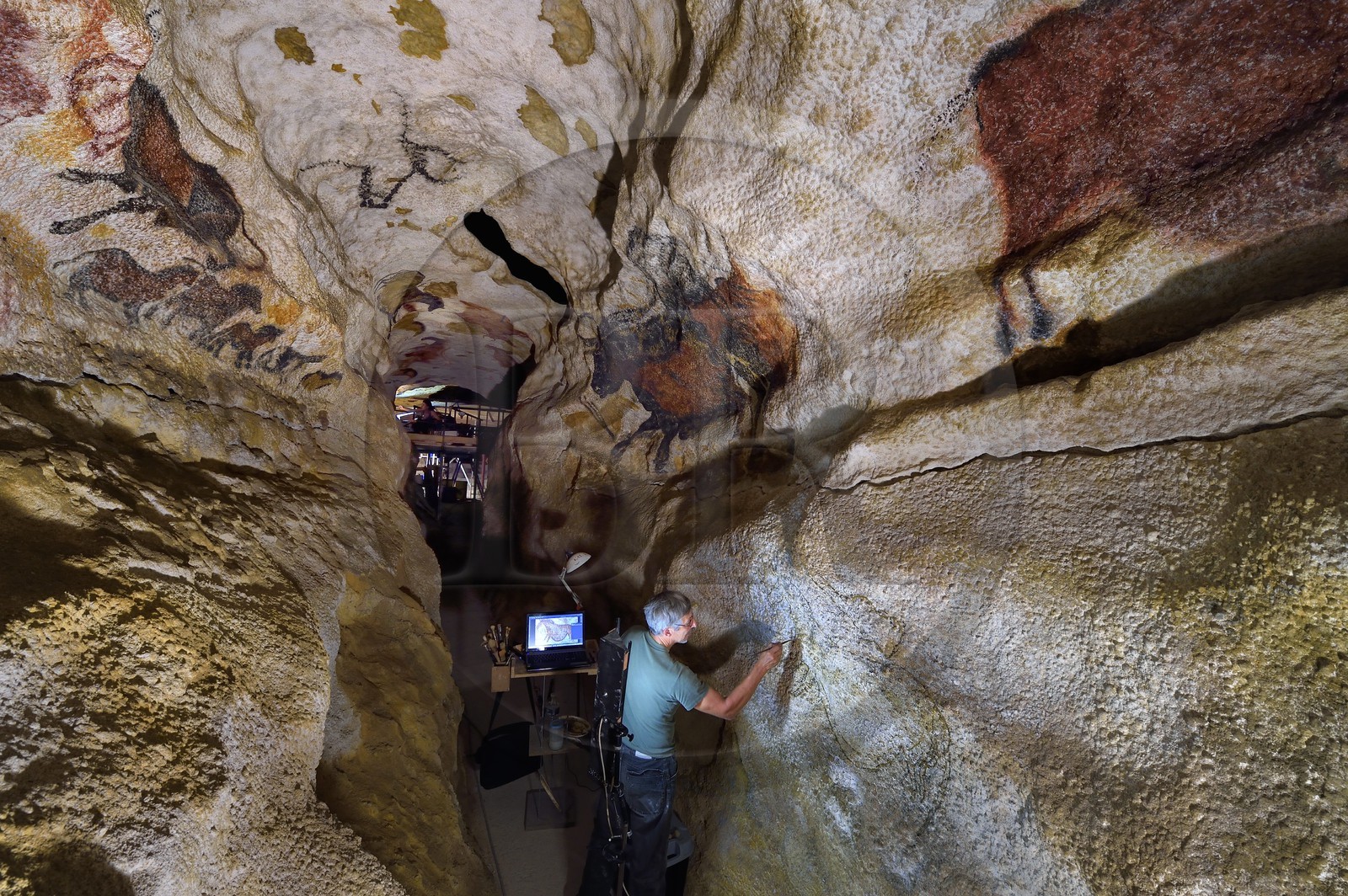 France, Dordogne, Montignac, Montignac-Lascaux Parietal Art international Centre (Lascaux 4) building site, the axial diverticulum of the reconstituted cave by the Atelier des Fac-Similés du Périgord (Perigord's Facsimile Workshop AFSP), finishing of the lower part murals by the painter Gilles Lafleur