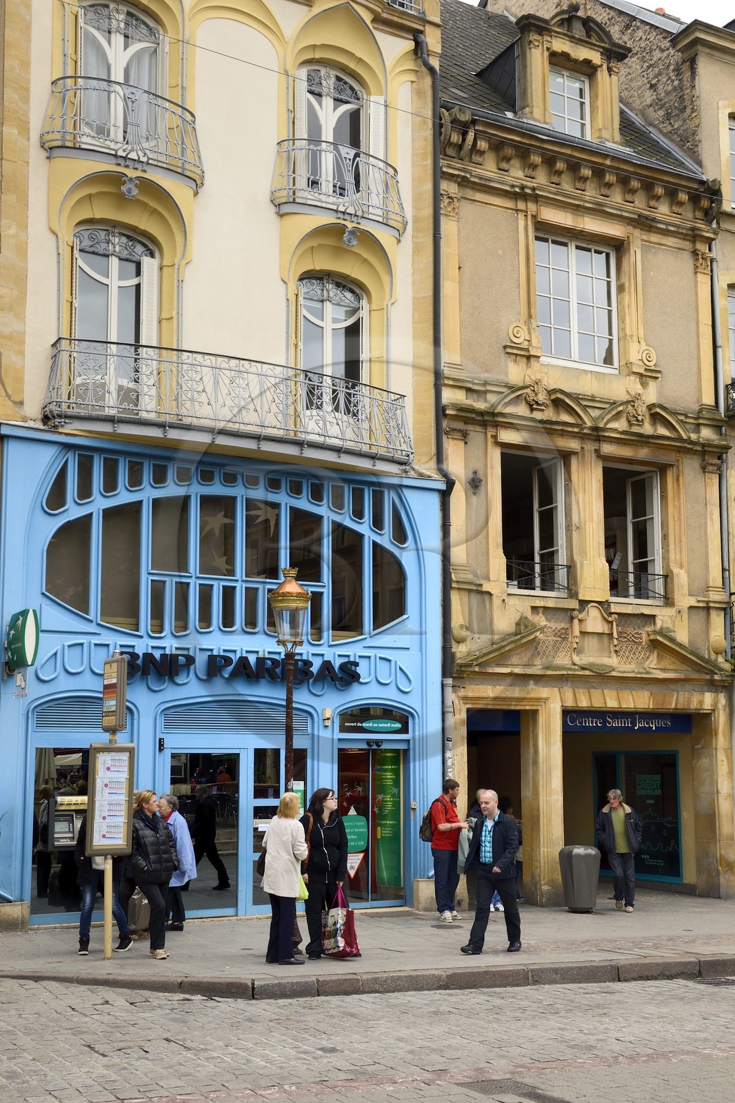 France, Moselle, Metz, Place Saint Jacques, Art Nouveau house on the left and from the 18th century right, Saint Jacques mall entrance