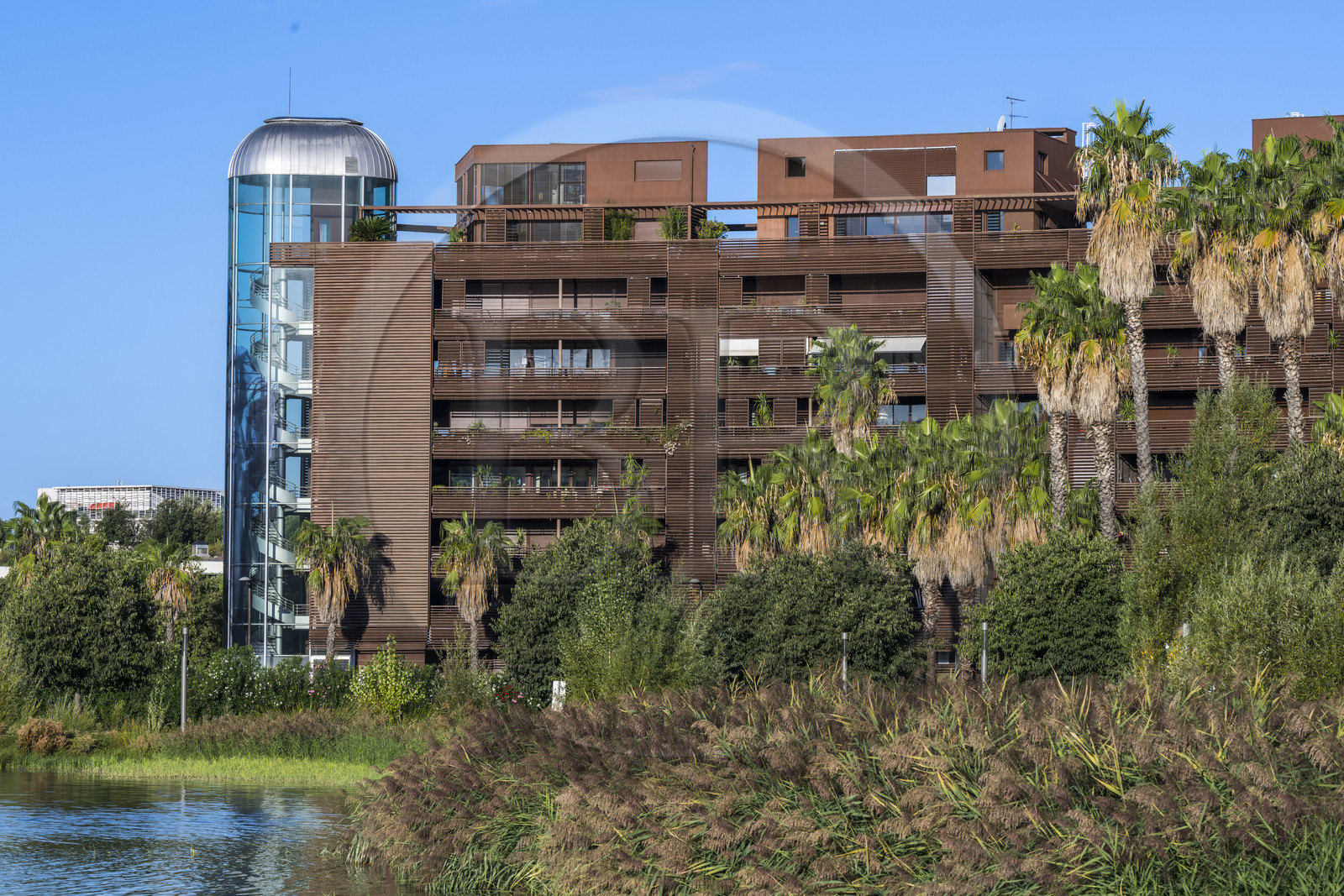 France, Hérault (34), Montpellier,  quartier de Port Marianne, immeuble d'habitation autour du  Bassin Jacques Coeur