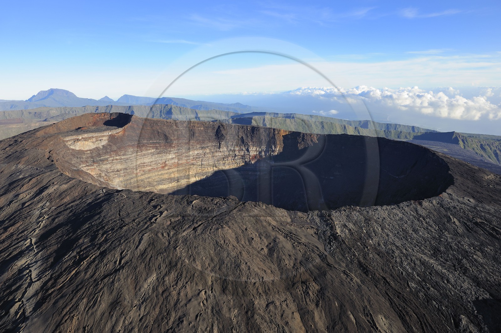 France, Reunion island (French overseas department), Piton de la Fournaise, listed as World Heritage by UNESCO volcano, Dolomieu crater (aerial view)