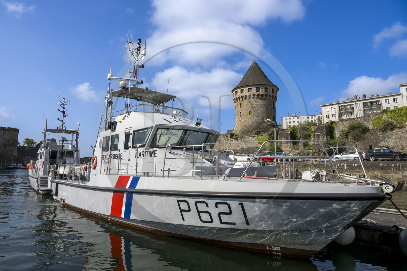 France, Finistère, Brest, the arsenal, the military port is a naval base of the French Navy, and the Tour de la Motte-Tanguy in the background