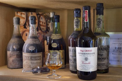 France, Calvados (14), Pays d'Auge, Saint-Cyr du Ronceray, Calvados Roger Groult AOC Pays d’Auge, bouteilles de collection