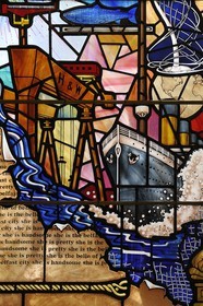 United Kingdom, Northern Ireland, Belfast, the City Hall, the main hall, stained glass window representing the Titanic and the Samson and Goliath gantry cranes from Harland and Wolff