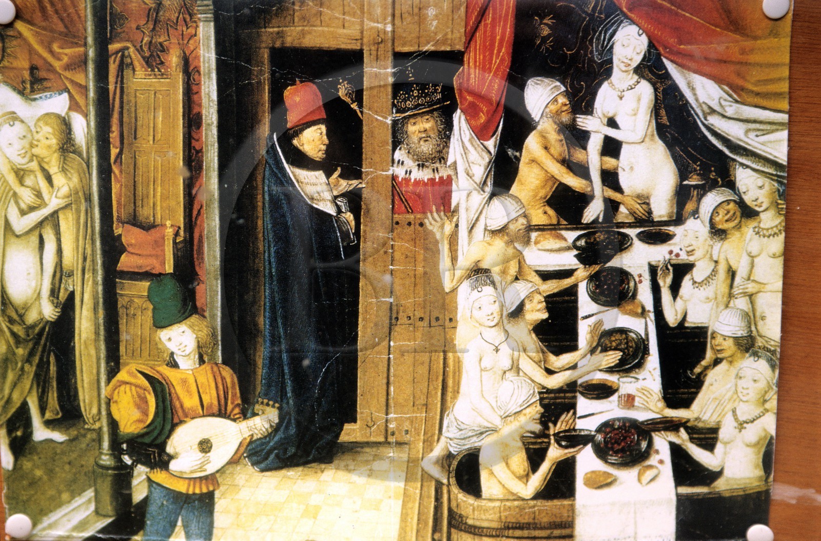 Belgique, Flandre-Occidentale, Bruges (Brugge), peinture représentant un bordel de la ville au moyen-âge