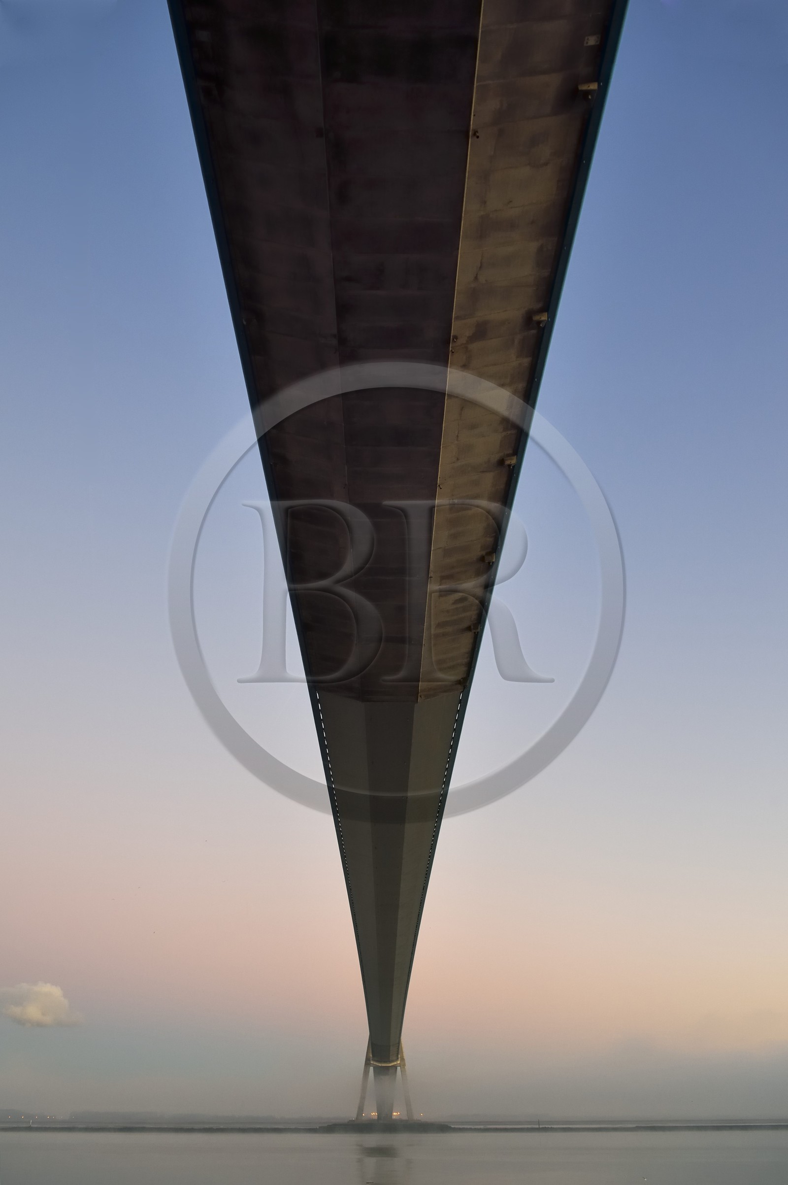 France, between  Calvados and Seine Maritime, the Pont de Normandie (Normandy Bridge) in the mists of dawn, the deck is prestressed concrete except for its central part which is metallic