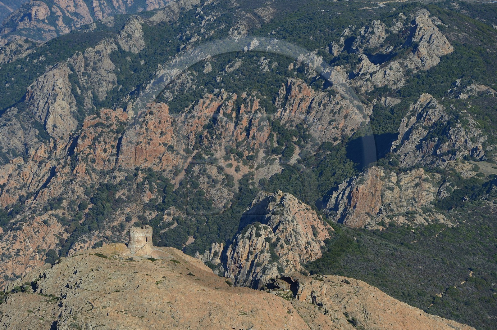France, Corse-du-Sud (2A), Golfe de Porto, classé Patrimoine Mondial de l'UNESCO, le Capo Rosso et la Tour Génoise de Turghiu (Turghio) en arrière plan (vue aérienne)